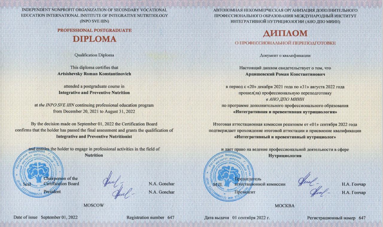 Диплом по интегративной нутрициологии, 2022